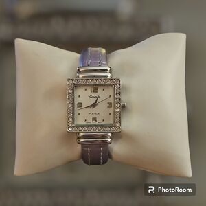 GENEVA Square Face Rhinestone Metallic Lavendar Cuff Watch